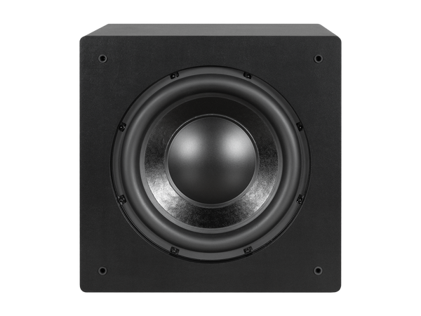 Black subwoofer on a white background