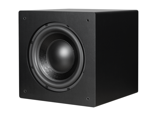 Black subwoofer on a white background