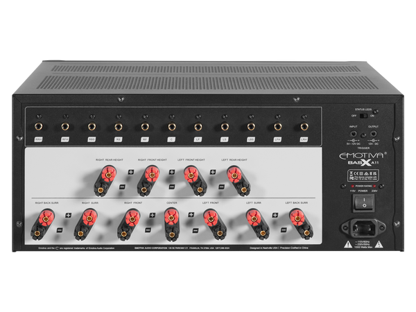 Photo of rear panel of the BasX A11 amplifier showing various inputs and outputs