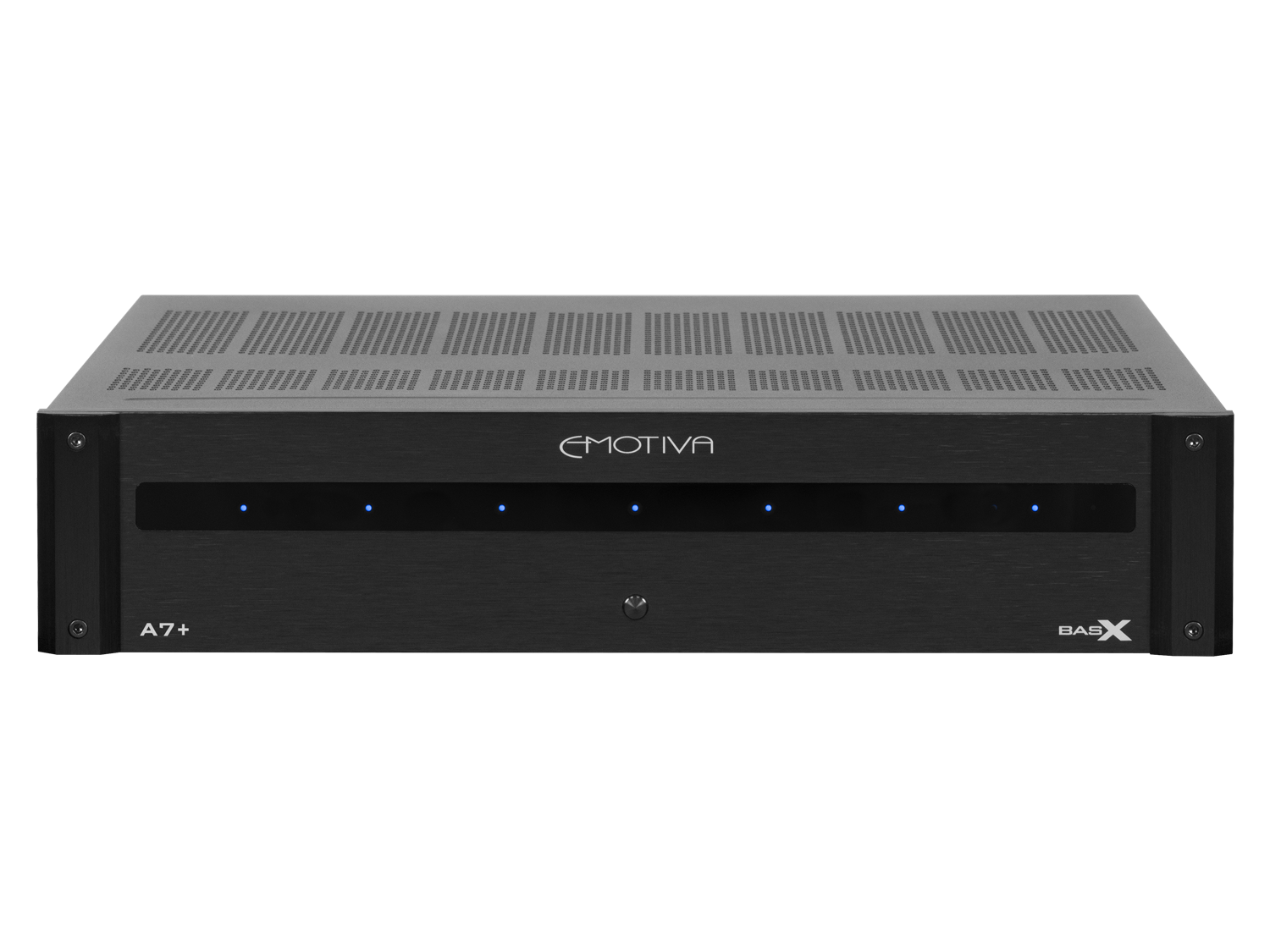 photo of the front of the BasX A7+ amplifier with 'Emotiva' branding and blue lights