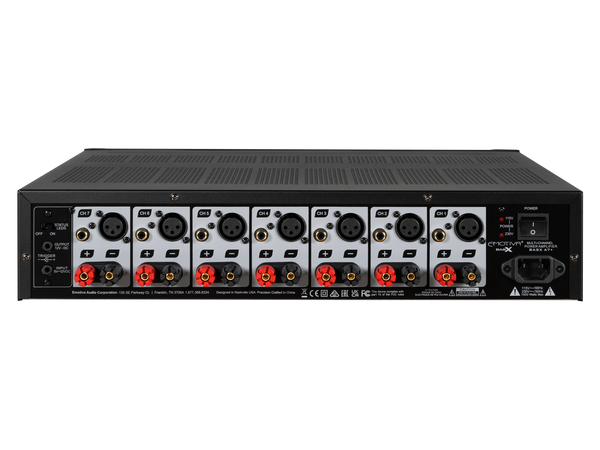 Back view of the BasX A7+ amplifier  with various connectors on a white background