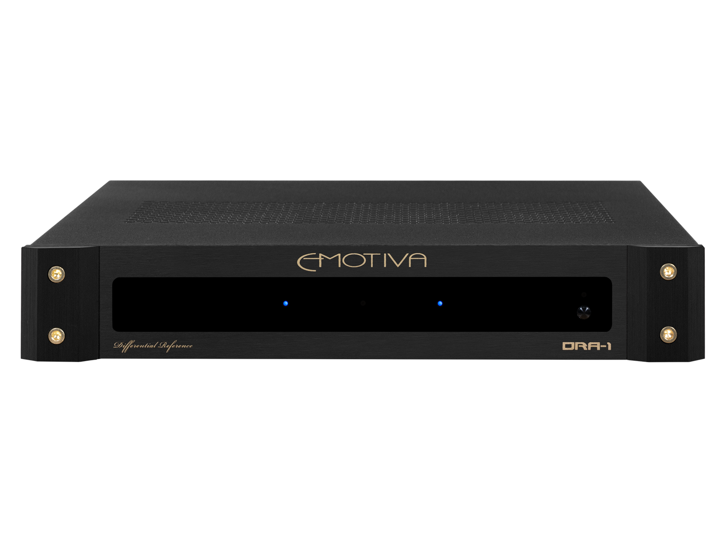 Black audio equipment with 'Emotiva' branding on a white background