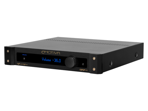 Black audio amplifier with digital display on a white background