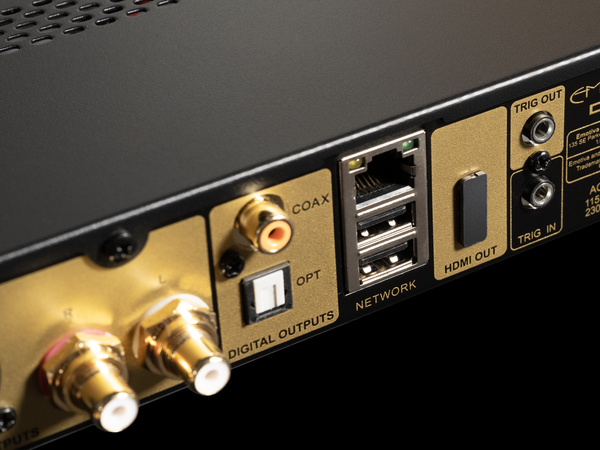Close-up of electronic device with various connectors on a black background