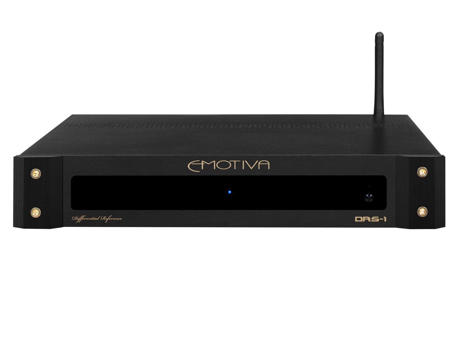 Black audio equipment with 'Emotiva' branding on a white background