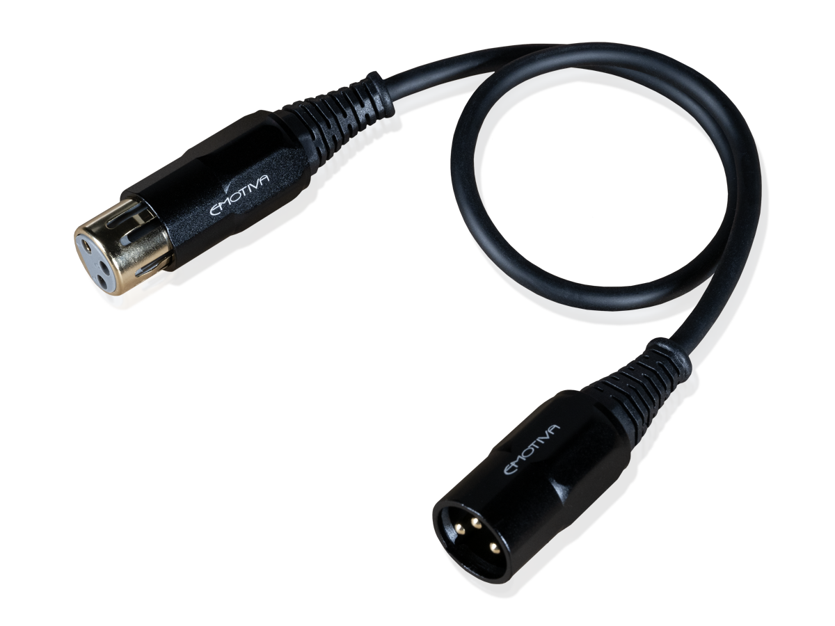 Black audio cable with XLR connectors on a white background