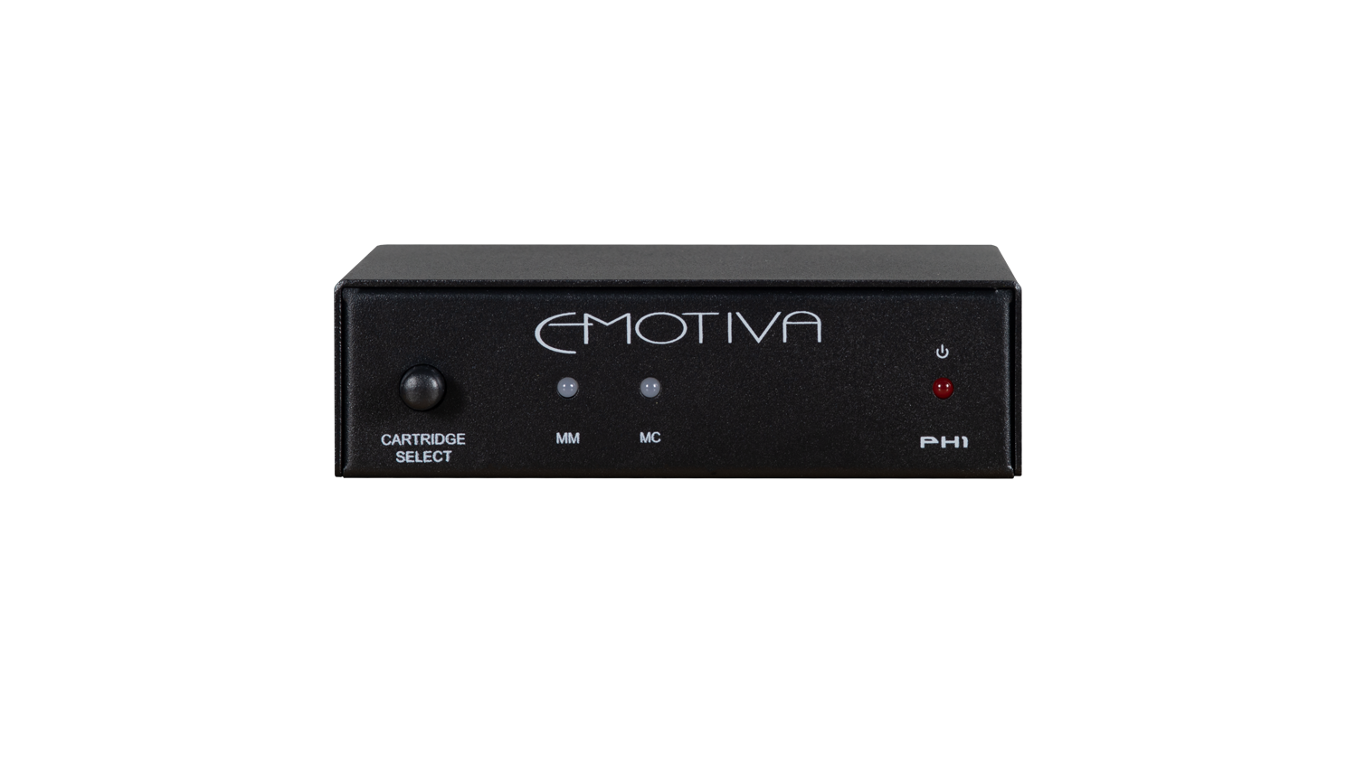 A black Emotiva PH-1 phono stage with brand name and control labels displayed on the front panel.
