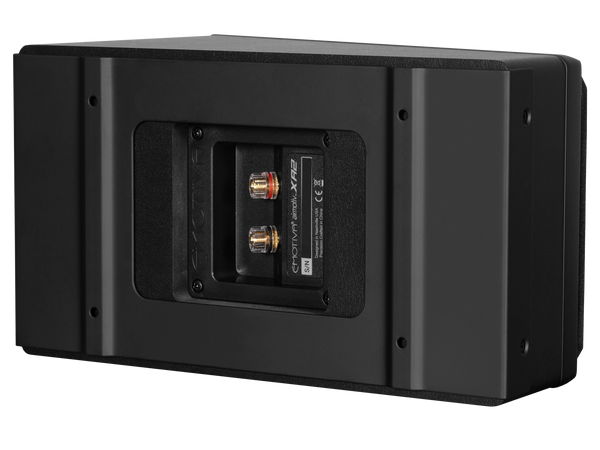 photo of black Airmotiv XA2 ceiling height speaker from the back, showing speaker terminals