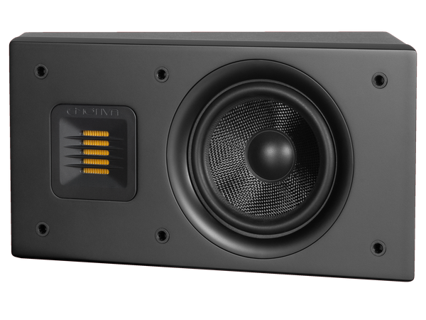 photo of black Airmotiv XA2 ceiling/height speaker on it's side with grill off, showcasing rotatable tweeter