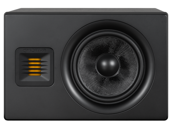 photo of black Airmotiv XB2 bookshelf speaker on it's side, showcasing it's rotating tweeter