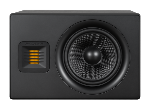 a black Airmotiv XB2 bookshelf loudspeaker on it's side, displaying the rotatable tweeter