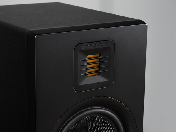 A closeup photo of the rotatable folded ribbon tweeter on the Airmotiv XB2 bookshelf speakers