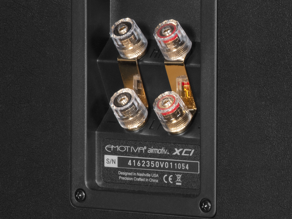 Closeup of Airmotiv XC1 center channel speaker back terminals