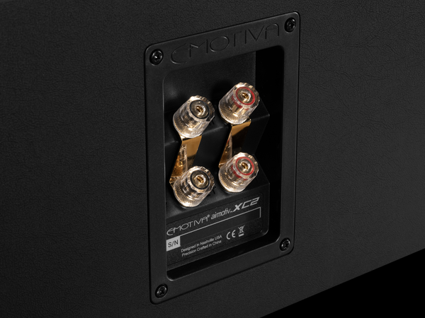 closeup photo of the black Airmotiv XC2 back panel speaker terminals