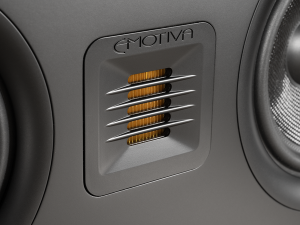 closeup photo of the black Airmotiv XC2 center channel loudspeaker rotatable tweeter 