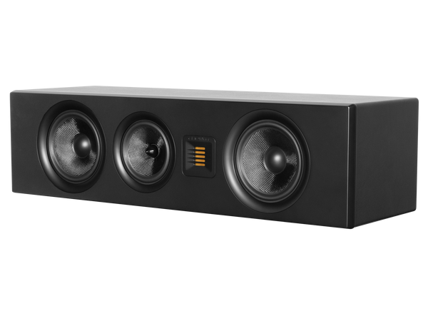 A photo of a black Airmotiv XC2 center channel loudspeaker with three woofers and a tweeter