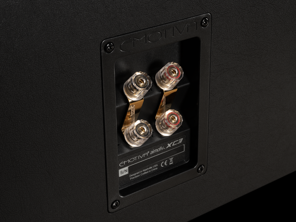closeup photo of the speaker terminals on the Airmotiv XC3 center channel loudspeaker