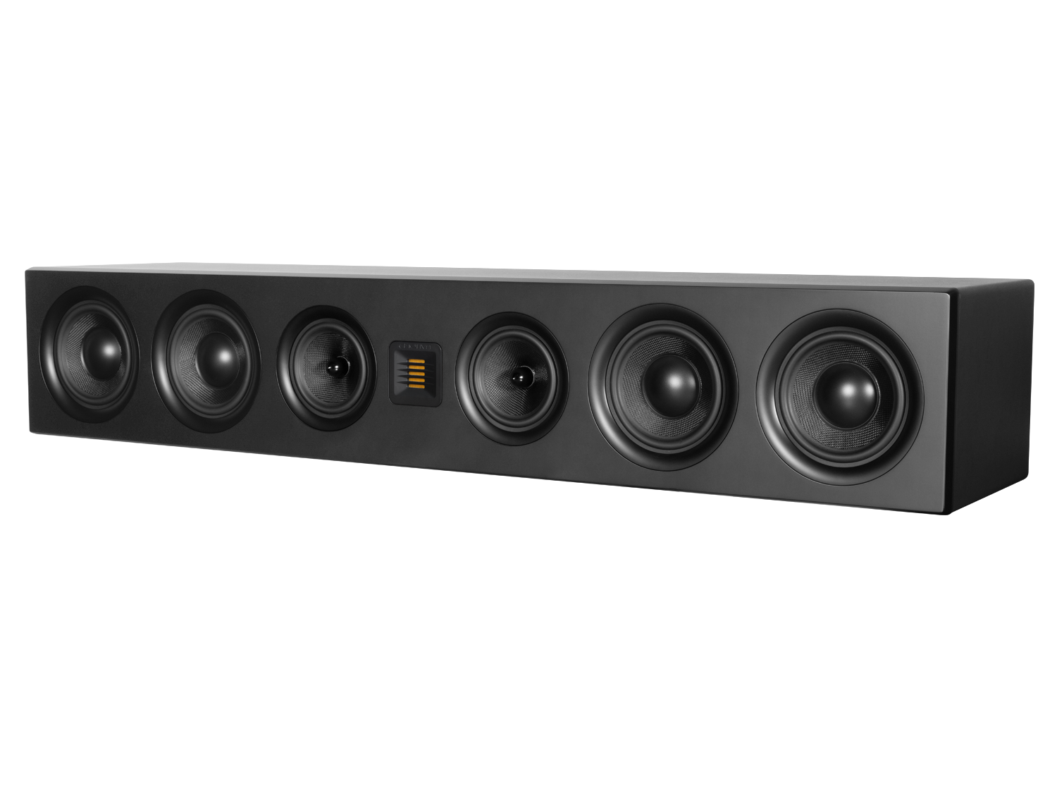 photo of a black Airmotiv XC3 center channel speaker with the grill off, featuring speaker woofers and a rotatable tweeter