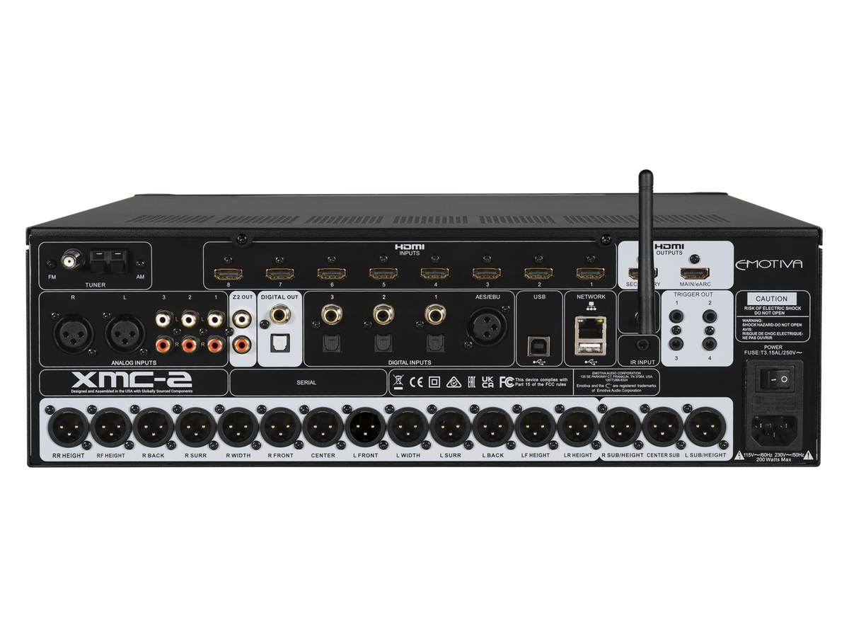 Back view of a Emotiva XMC-2 audio equipment on a white background