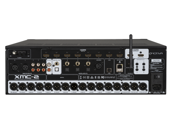 Back view of a Emotiva XMC-2 audio equipment on a white background