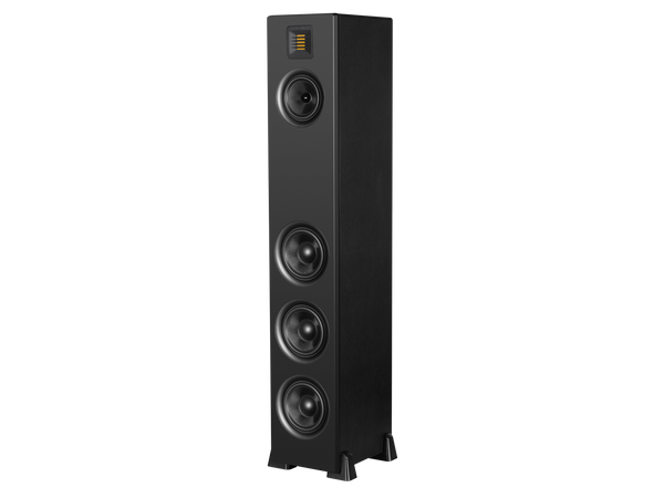 photo of a single black Airmotiv XT1 floorstanding loudspeaker