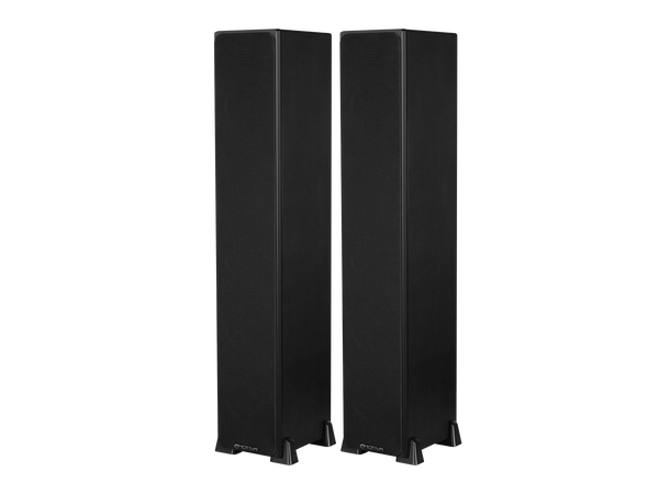 photo of black Airmotiv XT1 floorstanding loudspeakers with black speaker grills