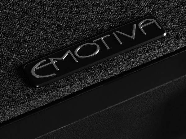 photo of metal badge with the Emotiva logo affixed to the Airmotiv X loudspeaker grill covers