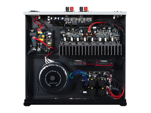Internal view of the BasX A2+ Amplifier visible wiring and components on a white background