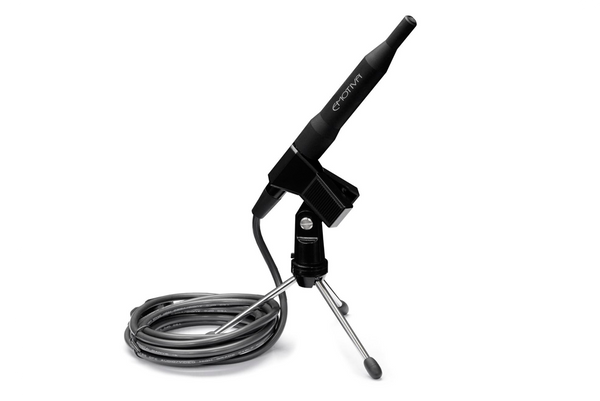 Black calibration microphone with Emotiva branding