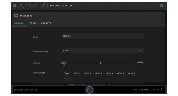 Emotiva AVR configuration interface on a black background