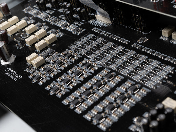 Close-up of a circuit board with Emotiva branding