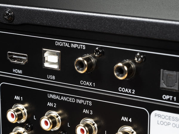 Back panel of an electronic device with various input connectors labeled.
