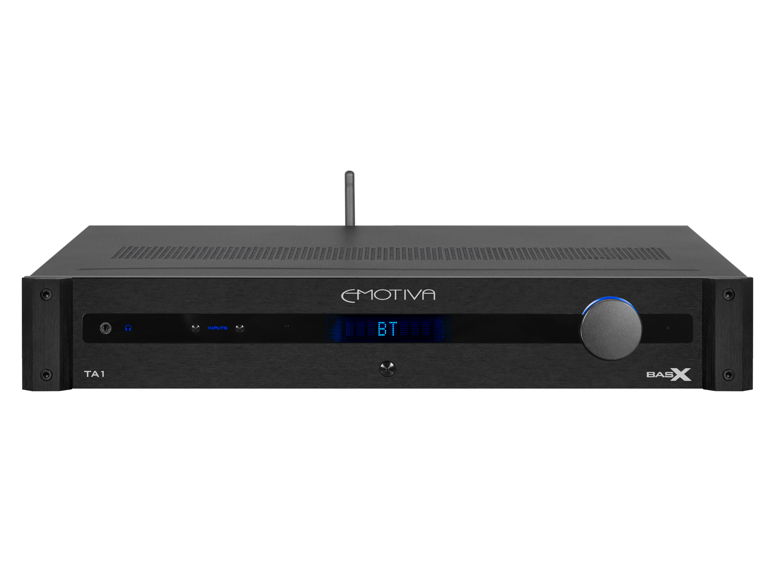 A black stereo preamp/DAC/tuner with integrated amplifier branded BasX TA1, featuring a front panel with a volume knob and display.