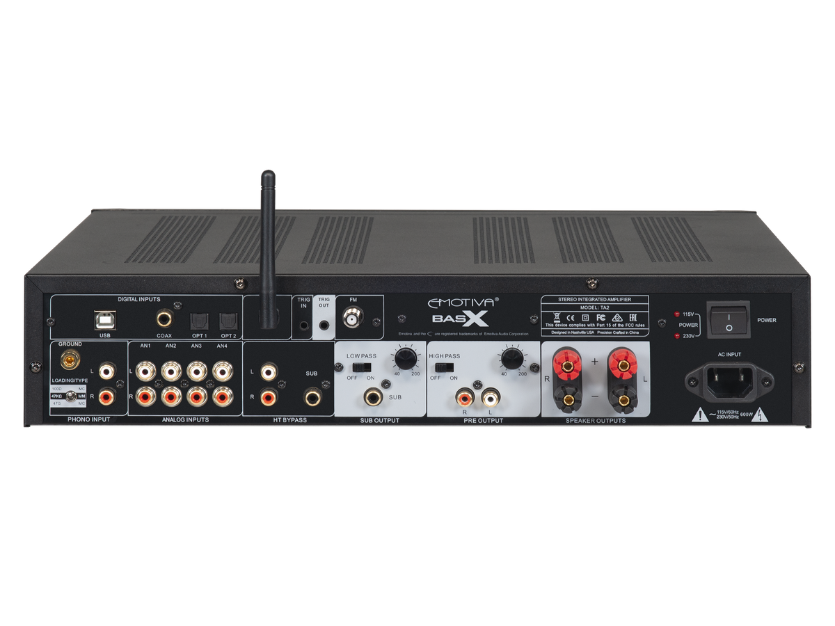 Black stereo preamp/DAC/tuner with integrated amplifier branded BasX, featuring back panel