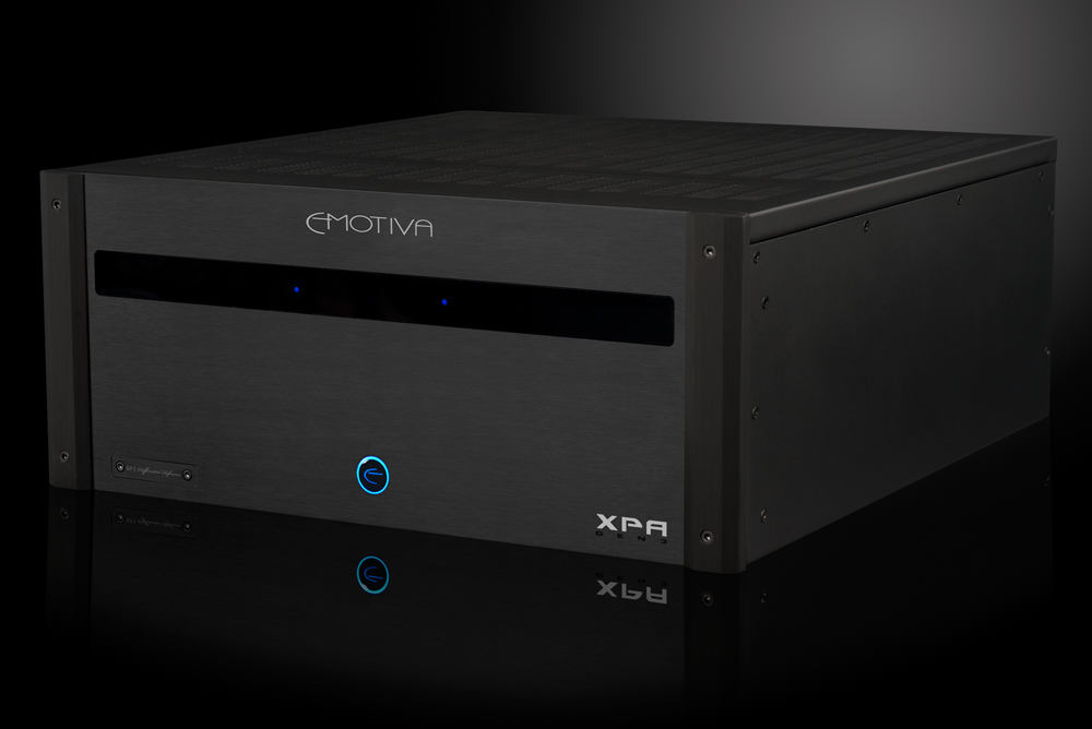 Photo of the front isometric view of the XPA Gen3 DR2 2 Channel Amplifier on a dramatic gray background