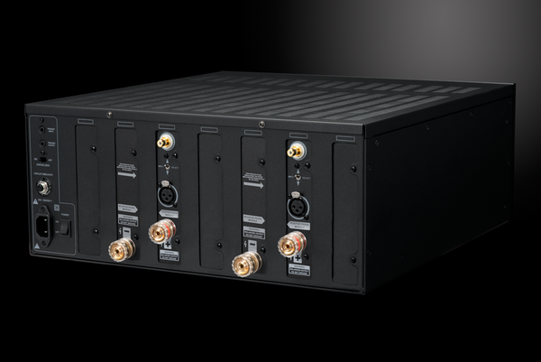 Photo of the rear isometric view of the XPA Gen3 DR2 2 Channel Amplifier on a dramatic gray background showing off the inputs and outputs