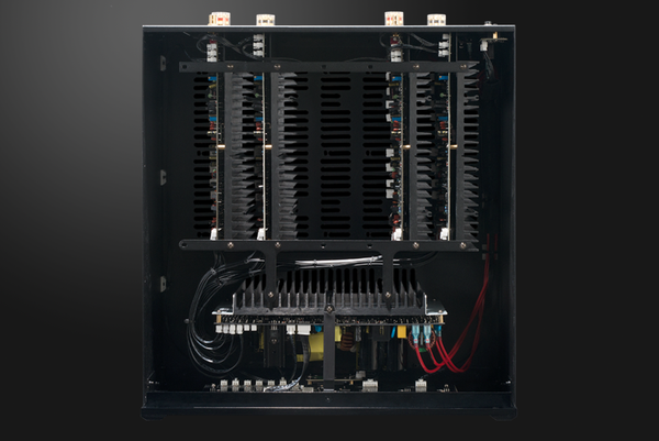 Photo of the top of the XPA Gen3 DR2 2 Channel amplifier without the lid showing the amplifier modules