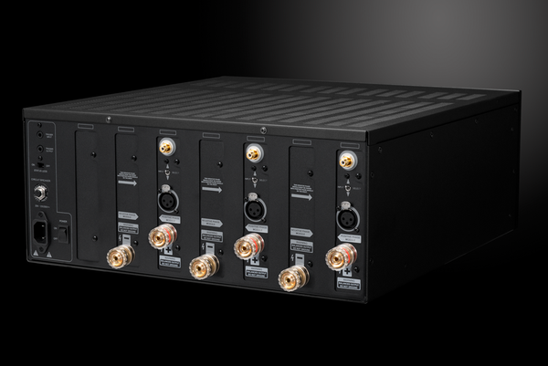 Photo of the rear isometric view of the XPA Gen3 DR3 3 Channel Amplifier on a gray background showing off the inputs and outputs