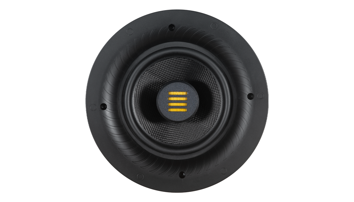 A single Airmotiv Vaulta in-ceiling/in-wall loudspeakers with black color and a visible central dome.