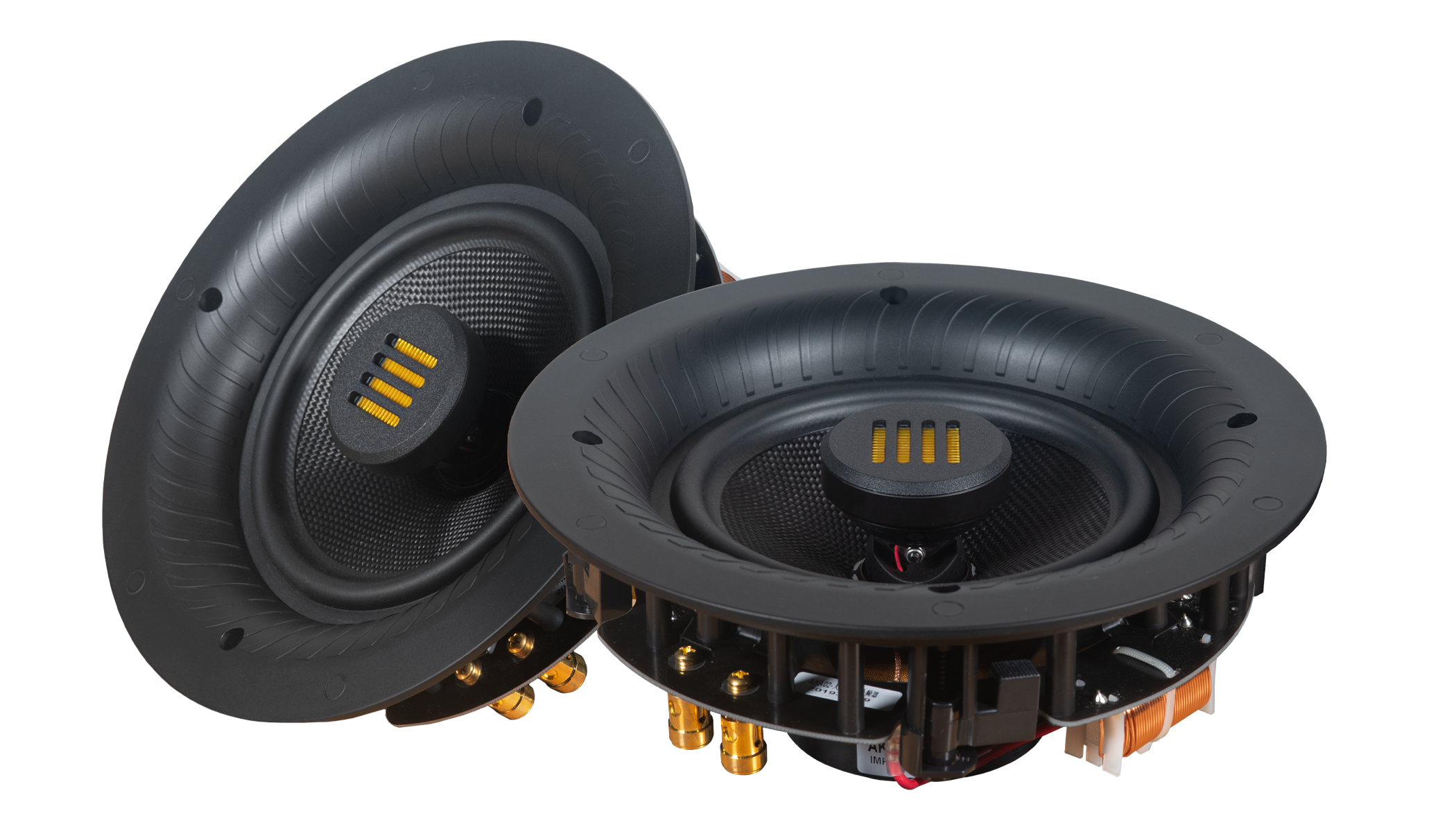 A pair of Airmotiv Vaulta in-ceiling/in-wall loudspeakers with black color and a visible central dome.