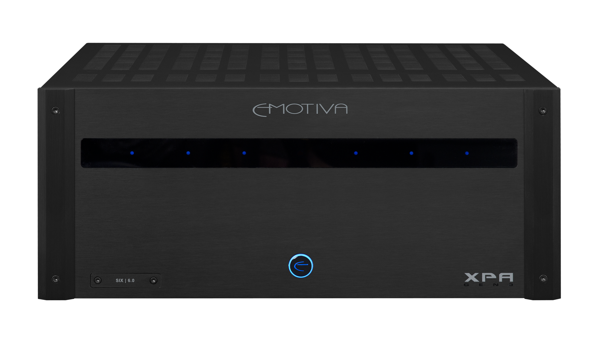 A black Emotiva XPA-6 Gen3 6 Channel Audiophile Home Theater Power Amplifier with a visible brand logo and model number.