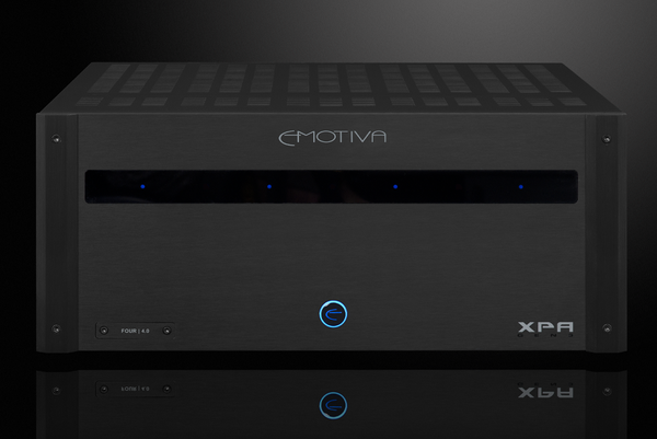 A black Emotiva XPA-4 Gen3 4 Channel Audiophile Home Theater Power Amplifier with blue accent lighting.