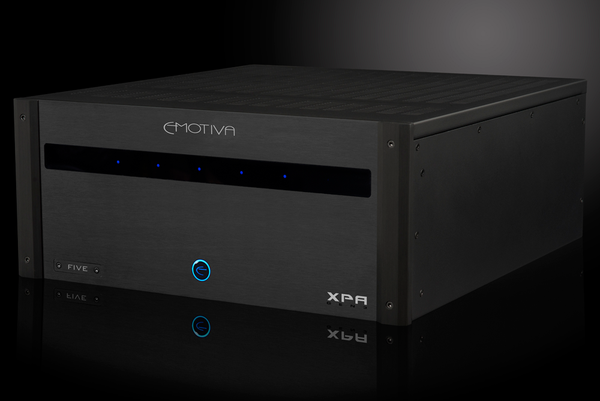 Photo of the front isometric view of the XPA Gen3 5 Channel Amplifier on a dramatic gray background