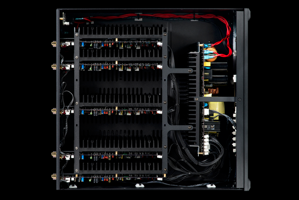 Photo of the top of the XPA Gen3 5 Channel amplifier without the lid showing the amplifier modules