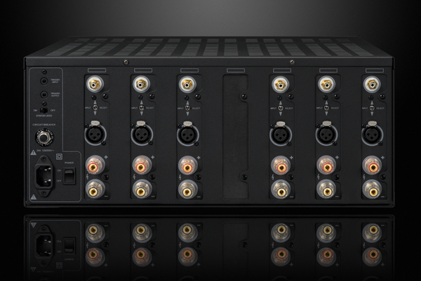 photo of back panel of XPA-6 amplifier, showing modular channels and various inputs/outputs