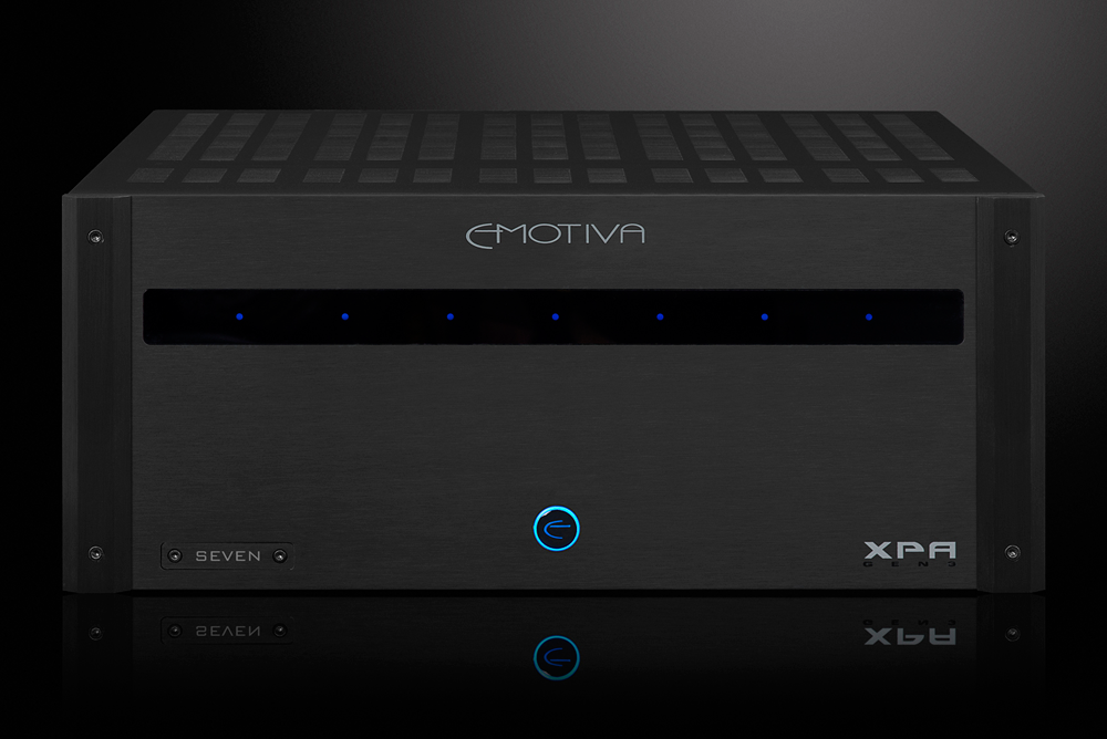 Photo of the front of the XPA Gen3 7 Channel Amplifier with dramatic gray background