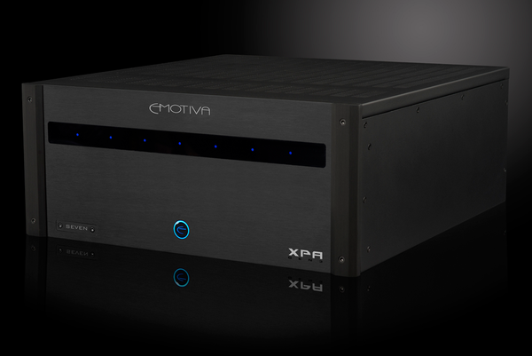 Photo of the front of the XPA Gen3 7 Channel Amplifier with dramatic gray background