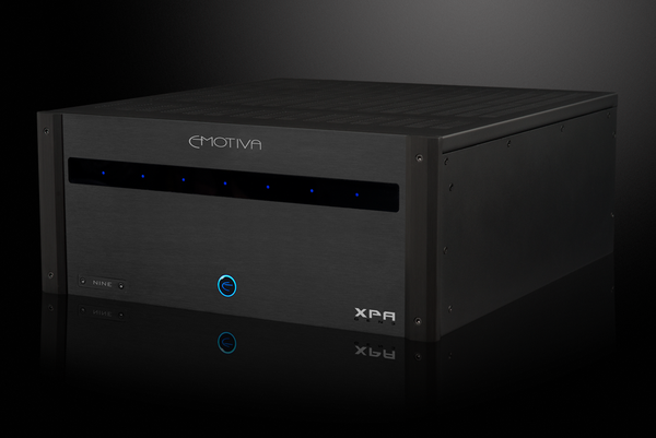 Photo of the front isometric view of the XPA Gen3 9 Channel Amplifier on a dramatic gray background