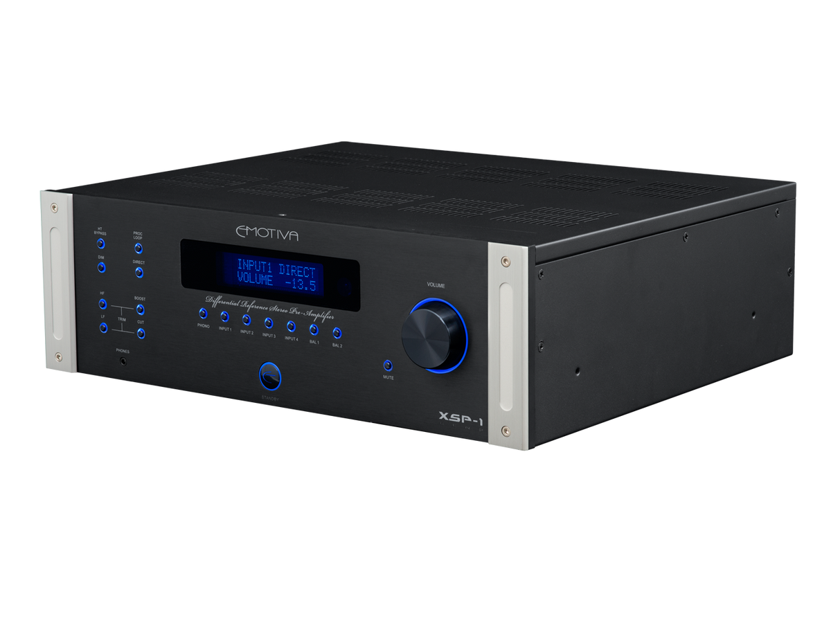 Isometric photo of XSP-1 Phono Preamplifier with Silver Trim rails installed